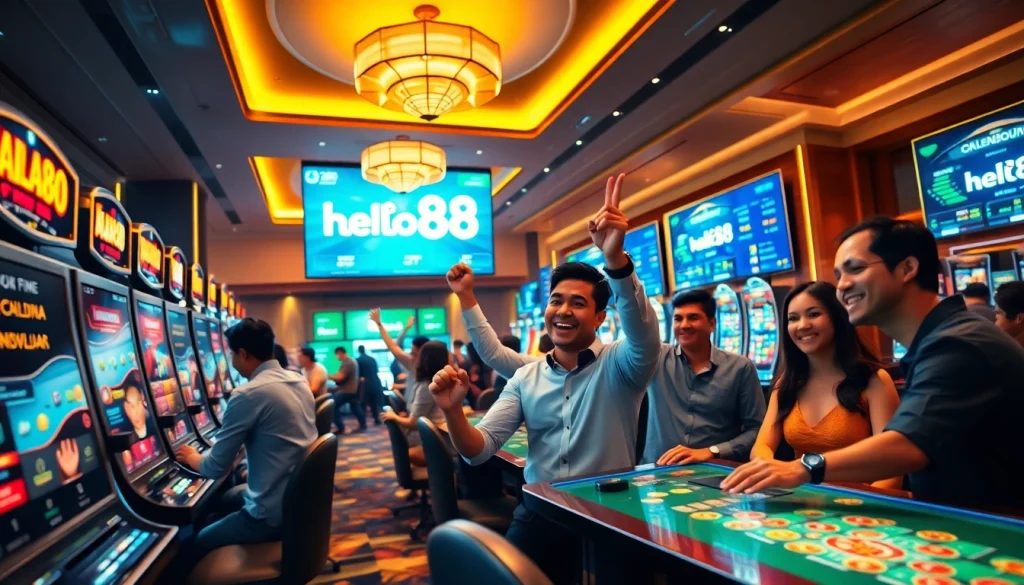 Hello88 online betting scene in a vibrant casino with players enjoying games and celebrating wins.