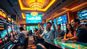 Hello88 online betting scene in a vibrant casino with players enjoying games and celebrating wins.