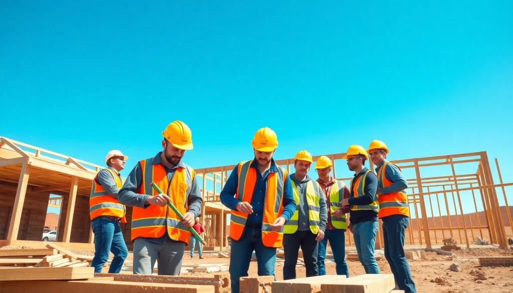 Construction association Wyoming promoting teamwork in construction at a busy building site.