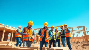 Construction association Wyoming promoting teamwork in construction at a busy building site.