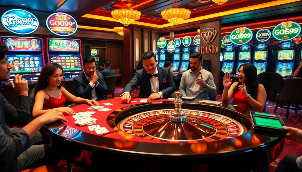 Go99 live gaming table showcasing poker chips and a roulette wheel in an upscale casino atmosphere.