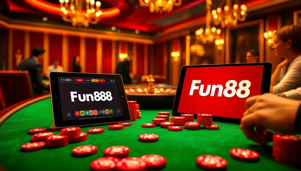 Engaging scene of players at a Fun88 poker table with vibrant chips and roulette wheel, showcasing excitement in gambling.