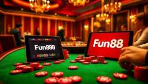 Engaging scene of players at a Fun88 poker table with vibrant chips and roulette wheel, showcasing excitement in gambling.