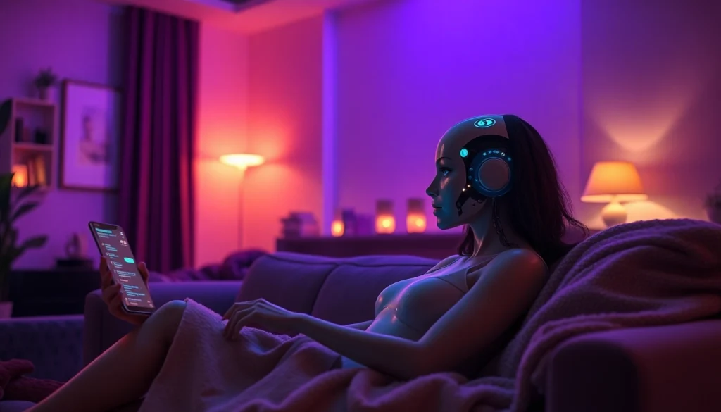 Engaging scene illustrating intimacy between a user and an AI chatbot, emphasizing the concept of sex ai in a cozy setting.