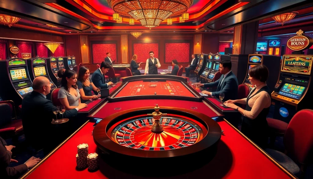 S8 casino scene featuring players at a roulette wheel and poker tables, conveying excitement.