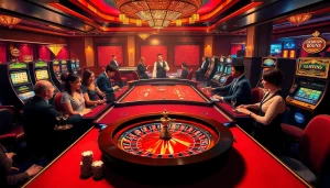 S8 casino scene featuring players at a roulette wheel and poker tables, conveying excitement.