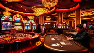 Exciting casino atmosphere at gg88.com with players, roulette wheel, and vibrant slot machines.
