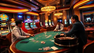 Engage with top nhà cái in a vibrant casino atmosphere filled with poker games, slot machines, and roulette.