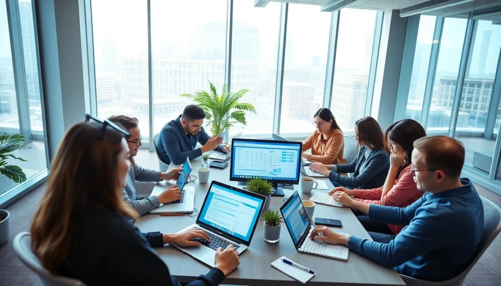 WPS下载 on various devices in a modern office, showcasing collaborative teamwork and productivity.