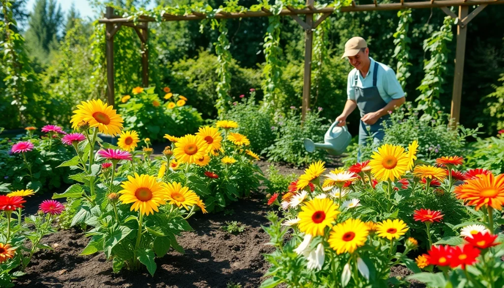 Gardening scene featuring a vibrant garden with colorful flowers and vegetables.