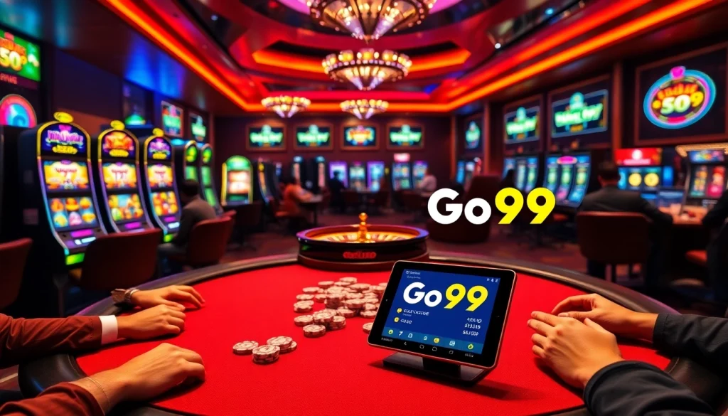 Exciting action at Go99 casino with vibrant gaming tables and slot machines.