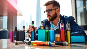 Showcase of the best vape brands Dubai with various devices in a vibrant setting.