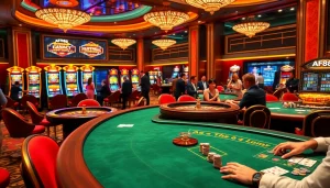 AF88 casino players engaging at vibrant poker tables with colorful chips and excitement