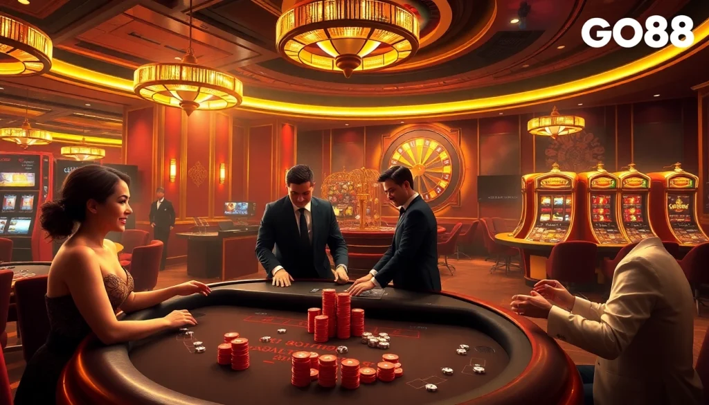 Players enjoying a vibrant GO88 hit casino atmosphere with blackjack and roulette.