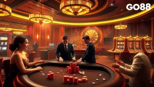 Players enjoying a vibrant GO88 hit casino atmosphere with blackjack and roulette.
