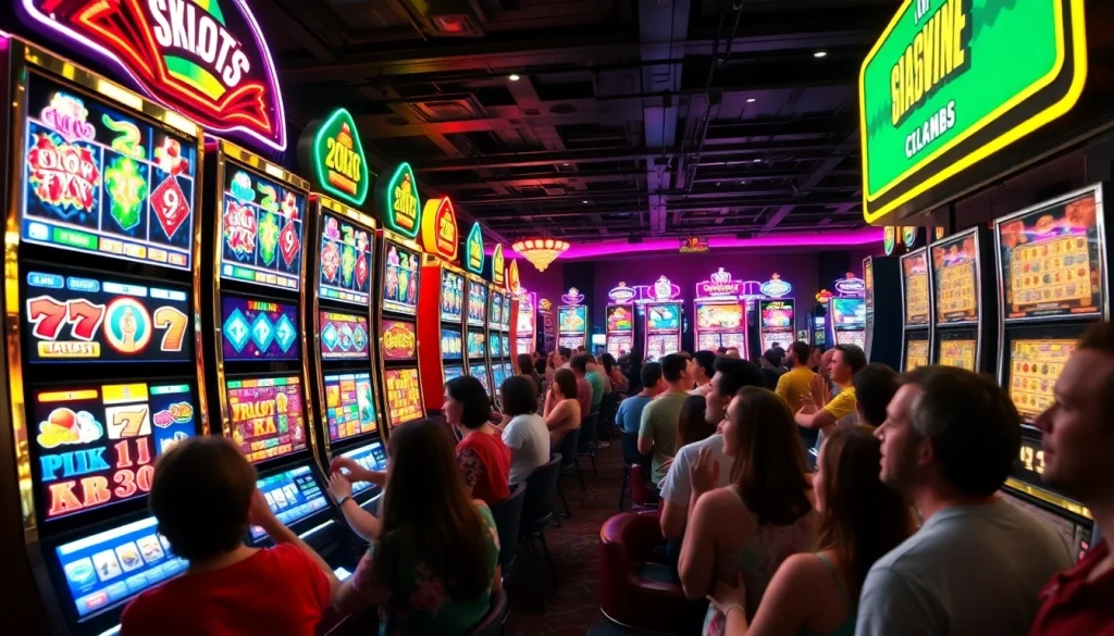 เล่นสล็อตออนไลน์ที่มีสัญลักษณ์สีสันสดใสและบรรยากาศที่เต็มไปด้วยความตื่นเต้น