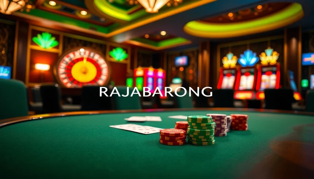 RAJABARONG casino scene with poker table, roulette wheel, and vibrant slot machines