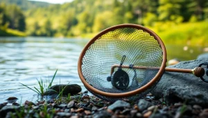 Capture a fly fishing net elegantly positioned beside a calm riverbank for fishing enthusiasts.