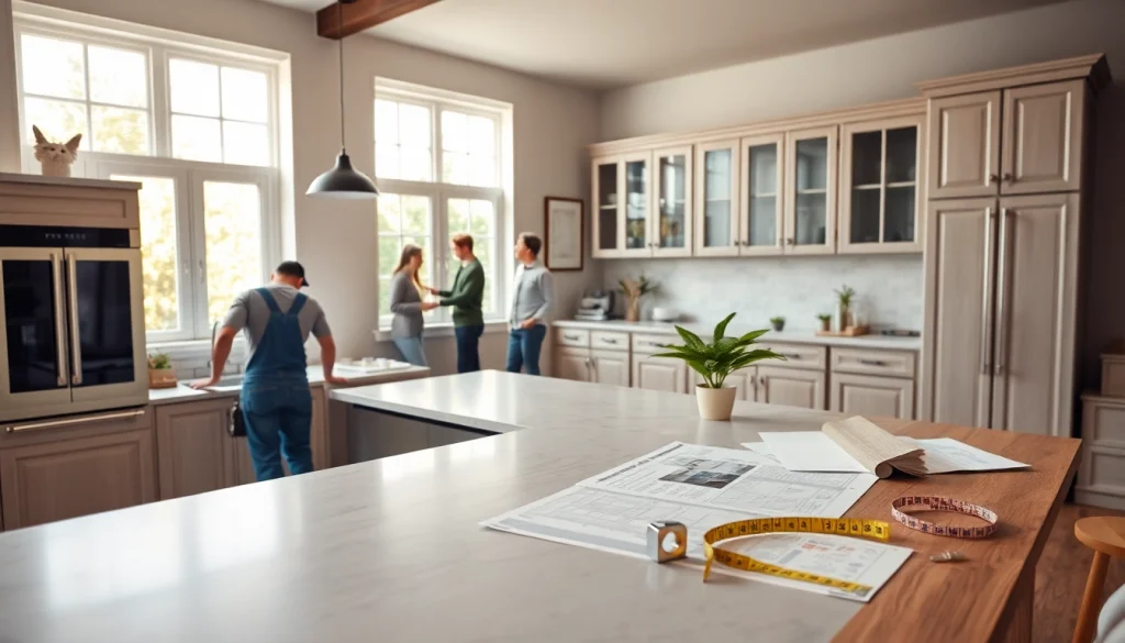 Home renovation in a cozy living room with a modern kitchen remodel featuring warm tones and natural light.