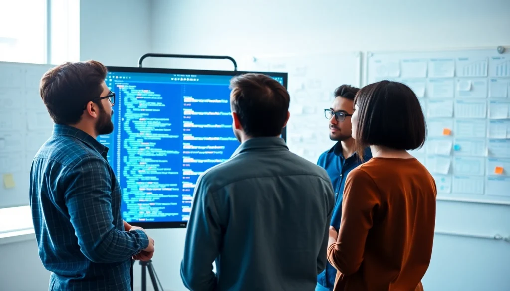Showcase app development teamwork with diverse developers collaborating around a code interface.