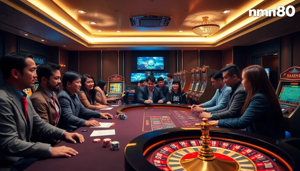 Players enjoying a thrilling experience at Nhà Cái mm88 with poker tables and slot machines.