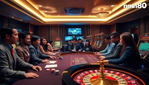 Players enjoying a thrilling experience at Nhà Cái mm88 with poker tables and slot machines.