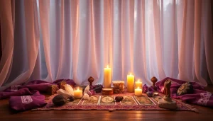 Experience intuitive readings at https://julielynn.co with a serene altar of crystals and candles.