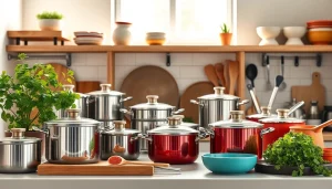 Showcase of vibrant kitchenware NZ, featuring high-quality pots and pans on a bright countertop.