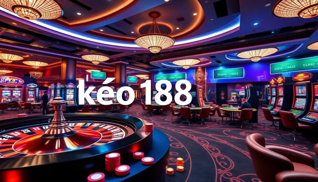 Kèo 188bet highlighted in a vibrant casino scene with poker tables and dynamic slot machines.