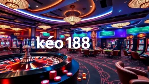 Kèo 188bet highlighted in a vibrant casino scene with poker tables and dynamic slot machines.