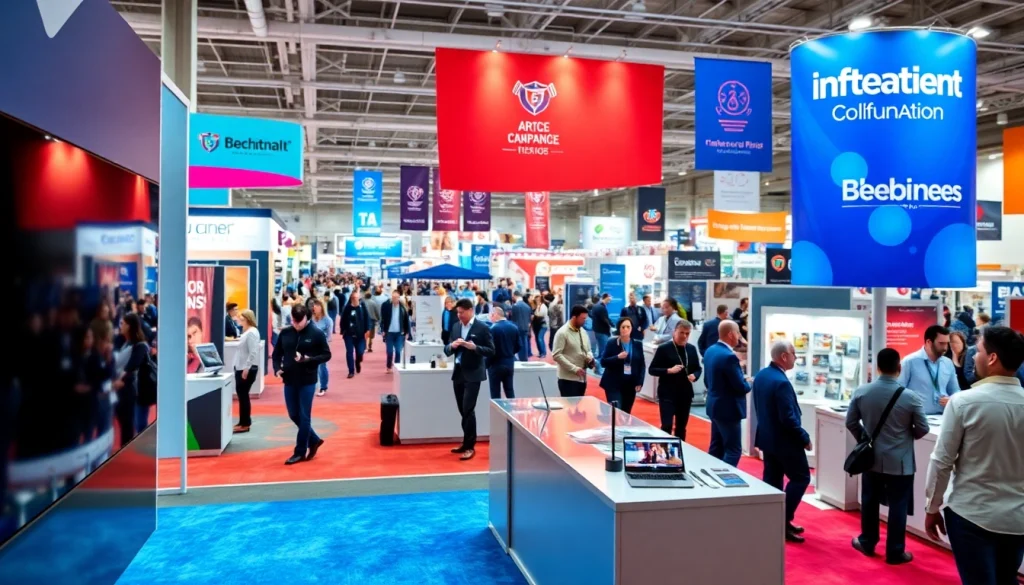 Engaging trade show displays in a lively exhibition with dynamic graphics and professional booth setups.