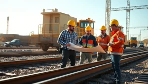 Experienced railroad contractors planning on-site with machinery and tracks in view.