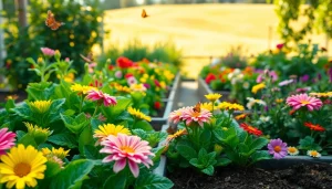 Gardening tips illustrated with a colorful garden filled with flowers and vegetables, showcasing a vibrant atmosphere.