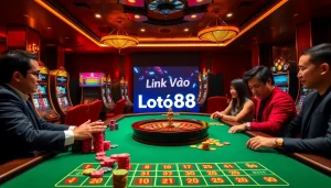 Experience the excitement of Link Vào Loto188 at this vibrant casino table with players engaging in thrilling games.