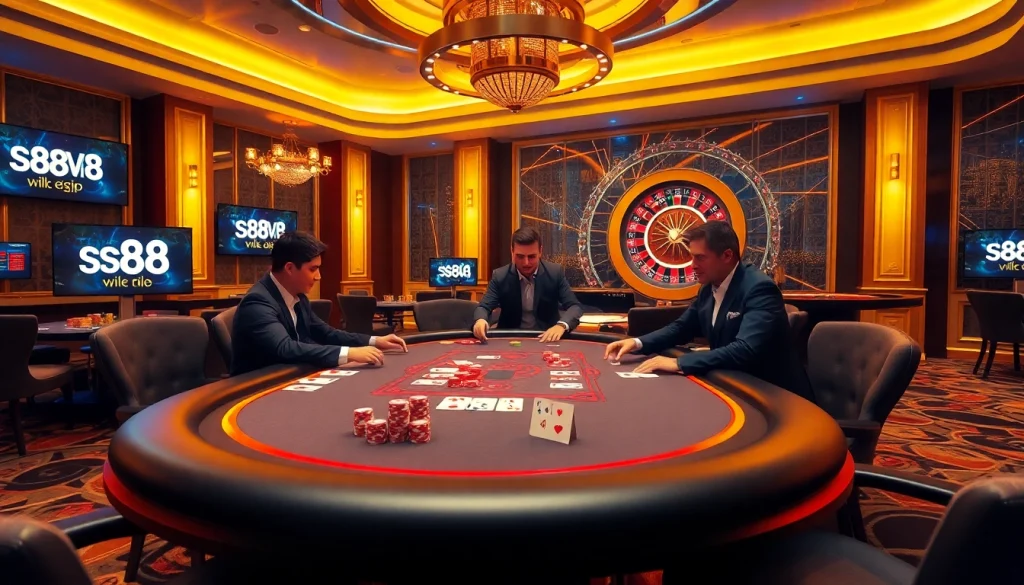 Gambling excitement at an s88vip online casino, featuring a poker table and roulette wheel.