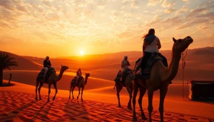 Camel ride Marrakech at sunset, showing riders in Agafay Desert with beautiful landscapes.