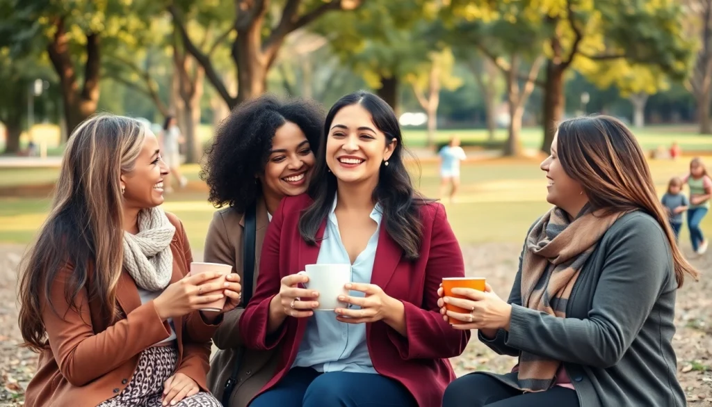 Encouraging emotional support for moms in a vibrant community setting with friendly faces.