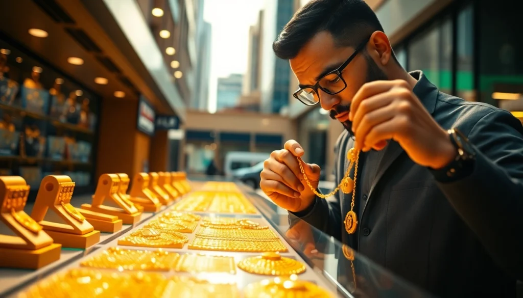 Goldankauf in der Nähe - Käufer bewertet sorgfältig Goldschmuck in einem modernen Geschäft.