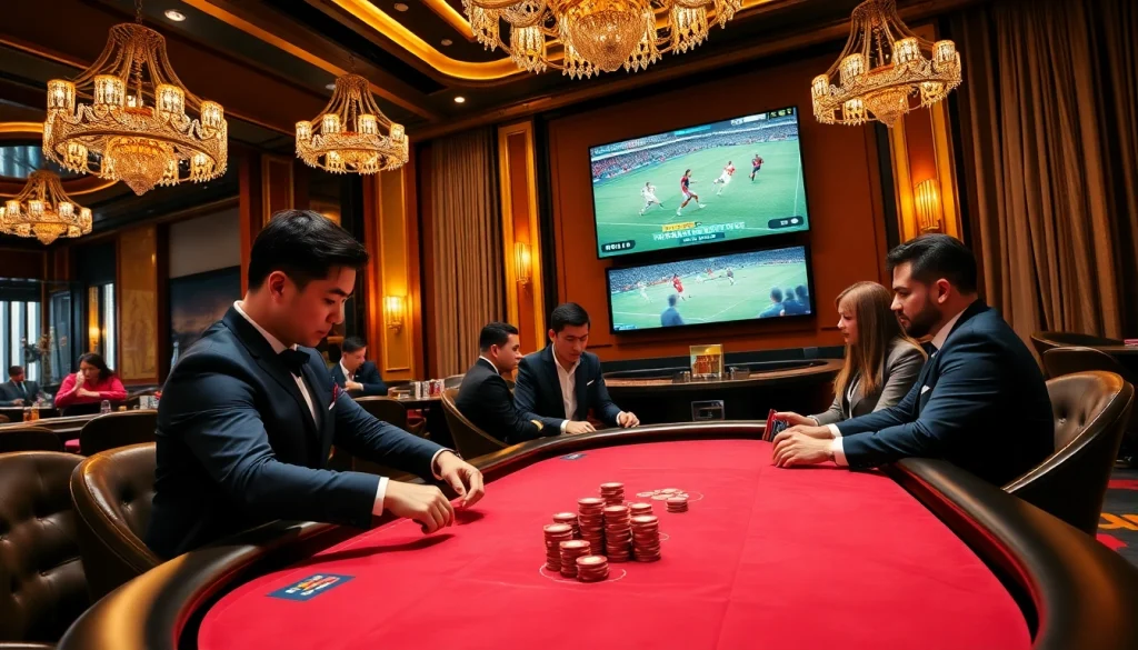 Exciting casino scene showcasing high-stakes poker with a backdrop of live ดูบอลสด matches displayed on a screen.