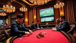 Exciting casino scene showcasing high-stakes poker with a backdrop of live ดูบอลสด matches displayed on a screen.