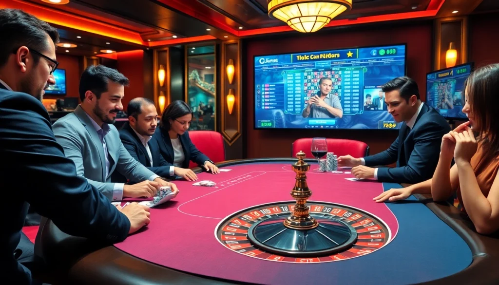 In a vibrant casino scene, players engage at a poker table featuring 789p poker chips and cards.
