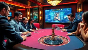 In a vibrant casino scene, players engage at a poker table featuring 789p poker chips and cards.