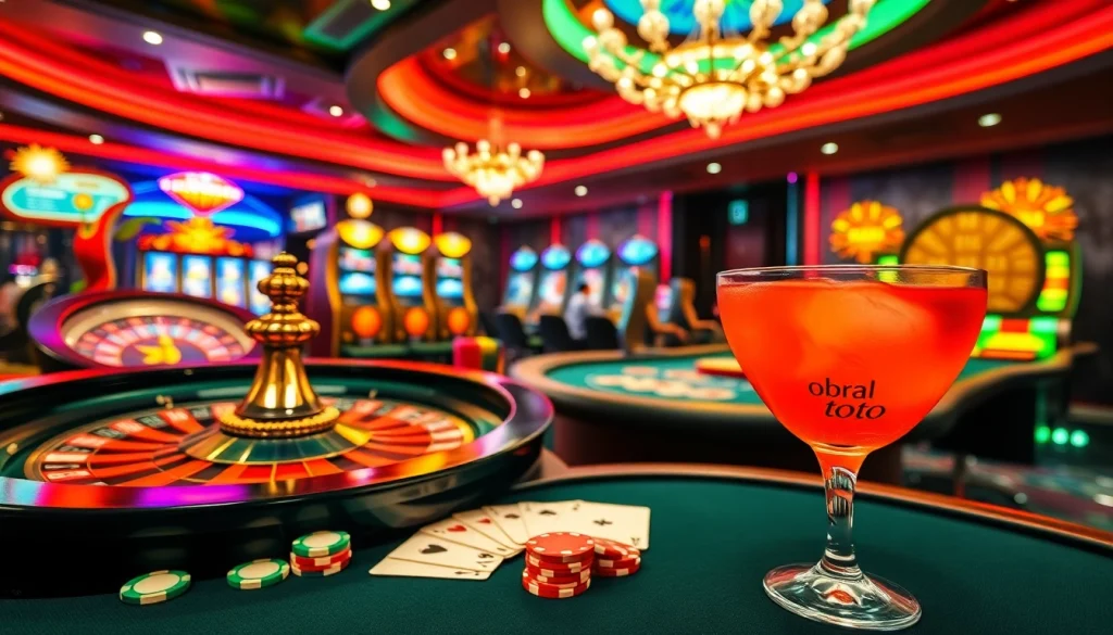 Exciting casino action showcasing "obral toto," roulette wheel, vibrant chips, and players.