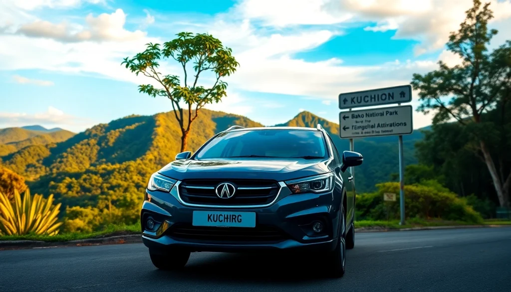 Car rental at Kuching with a scenic backdrop of Bako National Park at sunset.