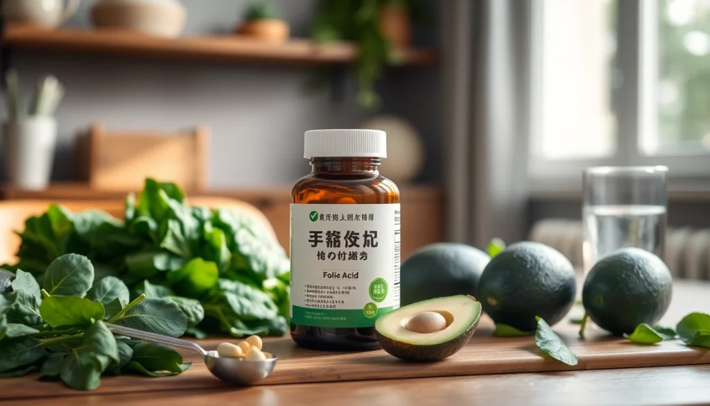 緑に囲まれた木製のテーブルの上に置かれた新鮮な葉酸サプリのボトル。健康と栄養を促進。