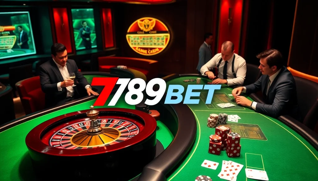 Players betting in an exciting casino scene featuring 789BET, highlighting poker chips and cards.