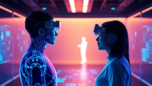 AI sex interface illustrating an intimate dialogue between a user and a holographic figure in a futuristic setting.