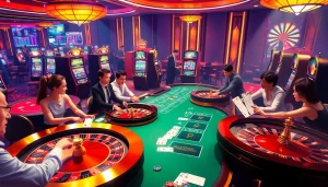Players enjoying thrilling games at jbo.com with vibrant casino tables and slot machines.