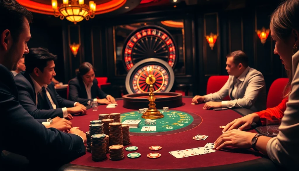 Engaging poker players enjoy high stakes at 789p casino, with vibrant chips and a roulette wheel in view.