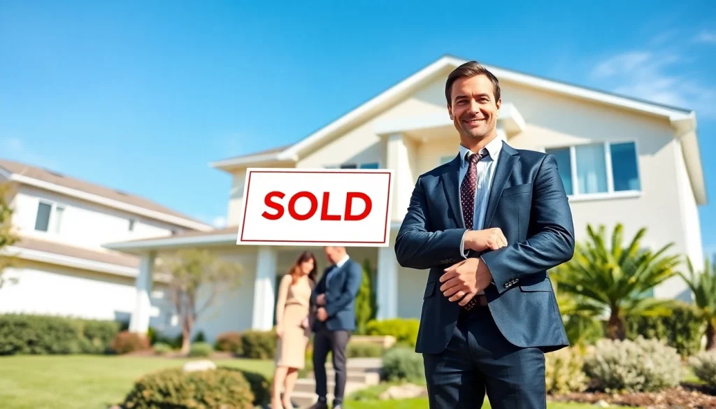 Real Estate agent proudly presenting a sold sign outside a modern home, with satisfied clients.